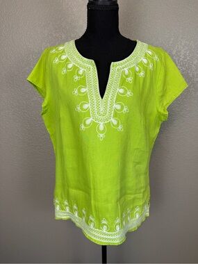 Saint Tropez West Lime Green Embroidered Split-Neck Tunic